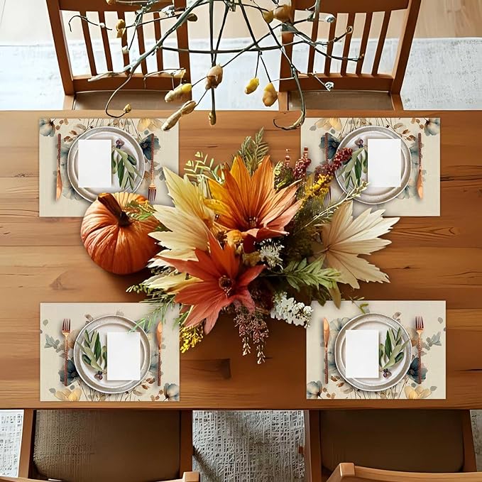 Double Side Set of 4 Watercolor Floral Fall Placemats Seasonal Autumn Harvest Table Mats for Indoor Outdoor Home Party Dining Decor Farmhouse Burlap Table Mats 12x18 Inch #WP022