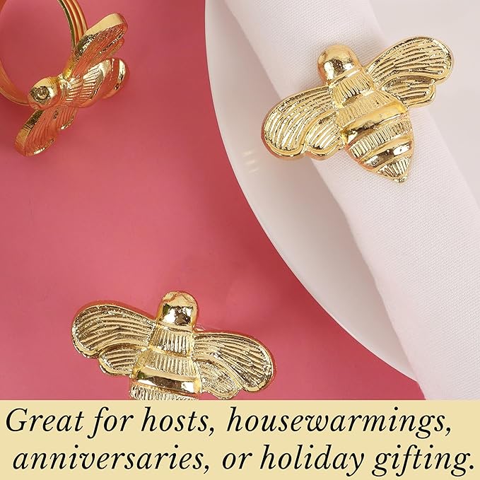 ALPHA Living HOME Bee Napkin Ring Serviette Rings Set of 12 Metal Napkin Ring Dinner Napkin Holders for Cloth Napkins Thanksgiving Wedding Christmas Party Kitchen Table Decoration (Gold)