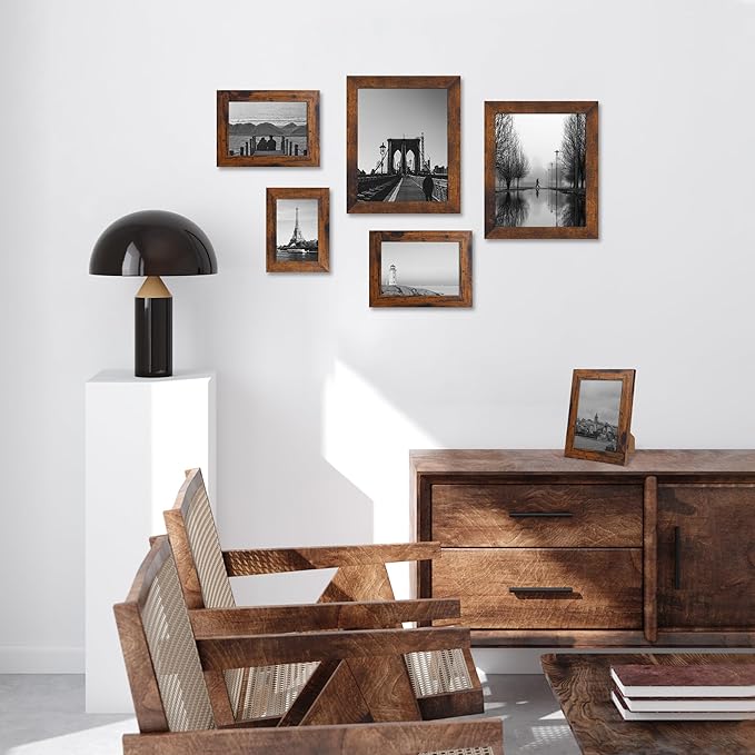 iRahmen 8x10 Picture Frame Set of 4, High Definition Glass 8 x 10 Frame, Wood Rustic Photo Frames for Horizontal or Vertical Display Tabletop and Wall Mounting