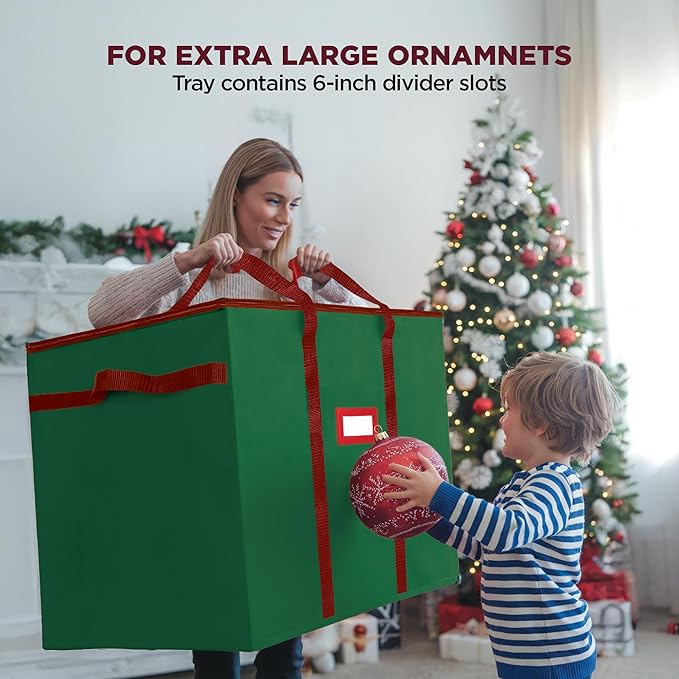 Christmas Extra Large Ornament Storage Container - Box Stores Up to 48 – 6” Ornaments – With 4 Individual Trays -Heavy Duty 600D Tear Resistant Material, Zippered, Adjustable Dividers - Green
