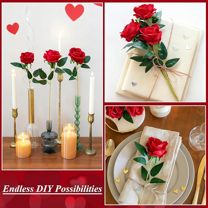 HyeFlora 50 PCS Red Roses Artificial Flowers, Fake Roses with Stems Realistic Silk Roses for DIY Wedding Bouquets Tables Centerpieces Arrangements Party Baby Shower Birthday Home Decor Gift for Her