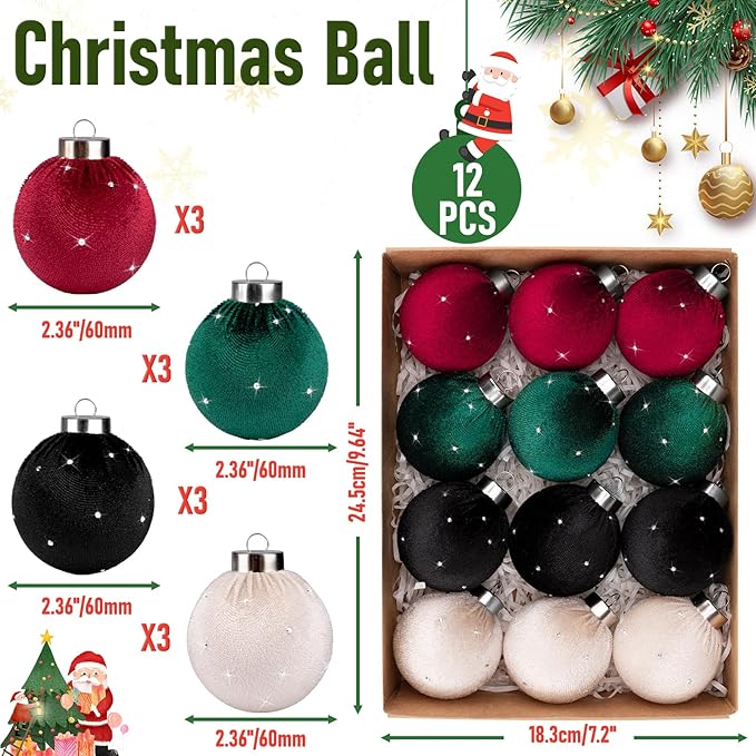 TonJin Christmas Tree Ornaments Velvet Balls 12 Pack, 2.36"/60mm Glitter Shatterproof Hanging Flocked Xmas Bulbs Decorations, Lightweight, 4 Colors Red Black Sage Green Beige,Holiday Party Home Decor