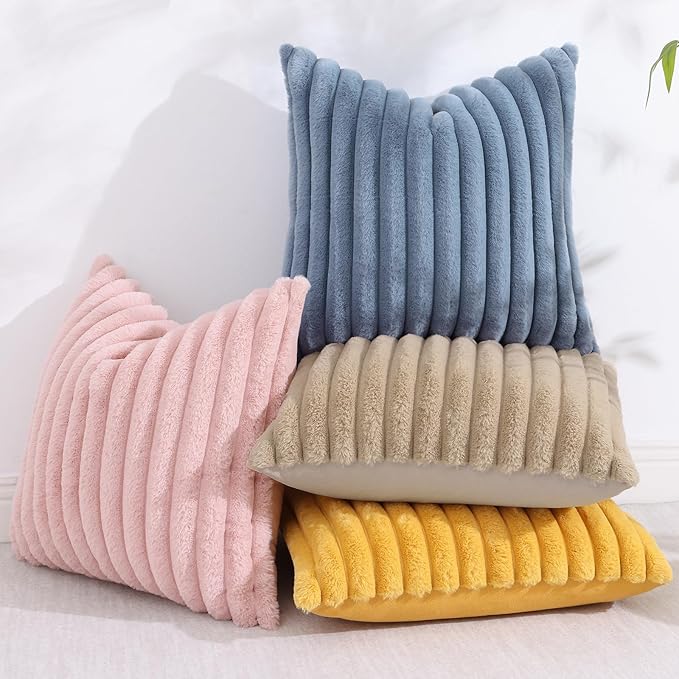 decorUhome Faux Fur Christmas Throw Pillow Covers 12x20 Set of 2, Decorative Soft Plush Striped Neutral Couch Euro Pillow Covers with Velvet Back for Sofa, Bed, Living Room Home Decor, Grey Blue