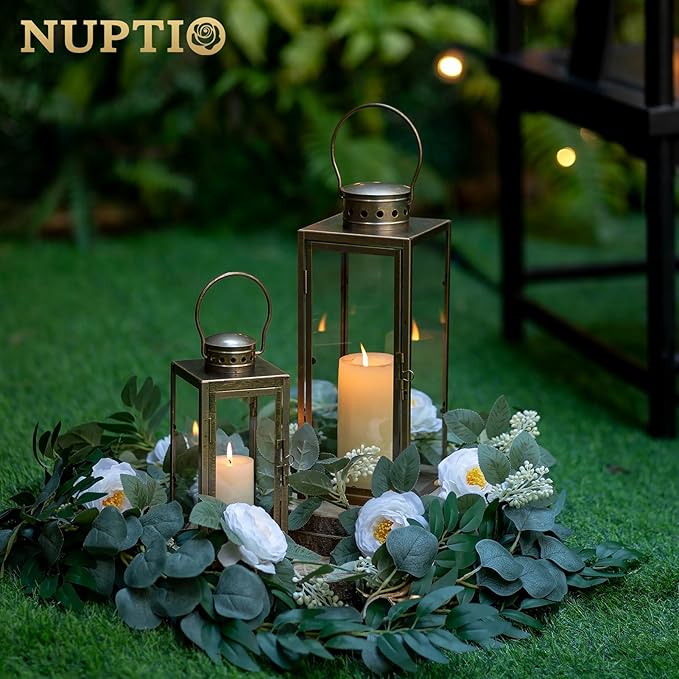 NUPTIO Large Lanterns Decorative Outdoor: 13.8 inches Tall Rustic Floor Metal Lantern with Glass - Vintage Gold Candle Holder for Wedding Christmas Fireplace Table Porch Door Garden