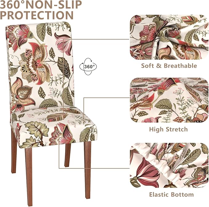 Stretch Dining Chair Covers Set of 6,Floral Print Chair Covers,Soft Removable Washable,Pet Friendly Furniture Protector,Universal Chair Slipcovers for Home, Kitchen,Ceremony Dining Room Seat