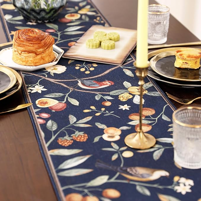 Linen Blue Table Runner 87 Inches Long,Vintage Rustic Farmhouse Bird and Flower Table Runners,Fall Table Decor for Christmas Thanksgiving Living Room Home Kitchen.12*87-Deweya Blue