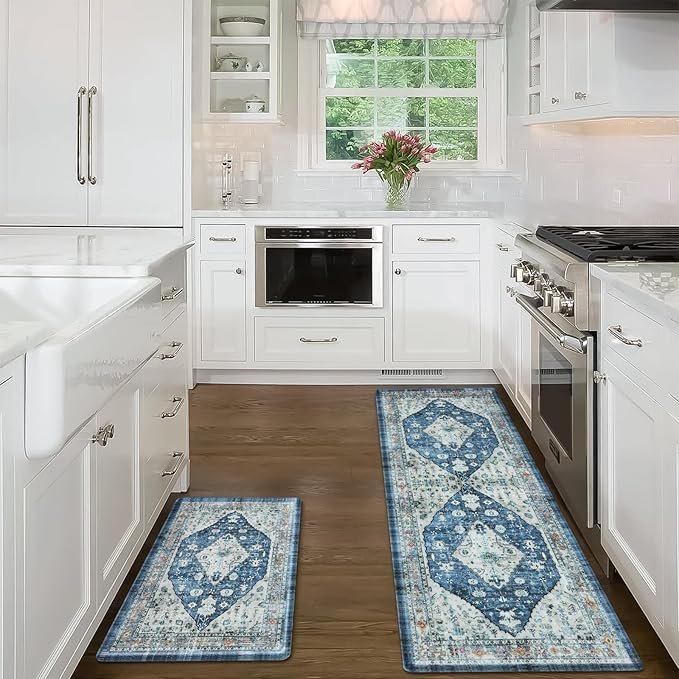 Collive Boho Kitchen Rugs Set of 2 Non Skid Kitchen Mats for Floor Cushioned Anti Fatigue Kitchen Floor Mats Waterproof Comfort Heavy Duty Foam Mats for Standing Desk Sink Laundry, 17"x30"+17"x59"
