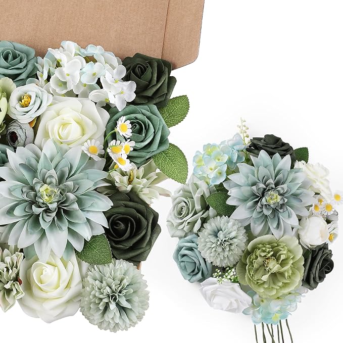 AmyHomie Forest Sage Green White Artificial Flowers Combo Silk Rose Fake Flowers w/Stem for DIY Wedding Bouquets Centerpieces Arrangements Table Decor Party Bridal Baby Shower Christmas Decorations