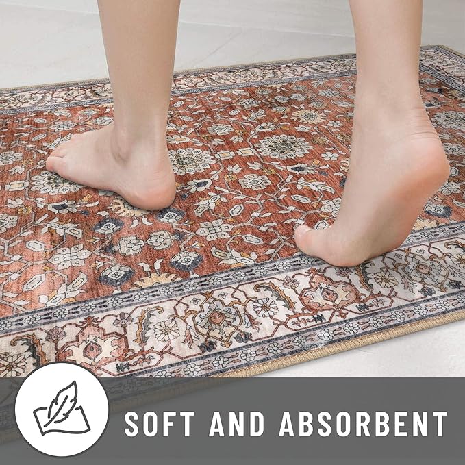KUTA Runners for Hallways 2x6, Vintage Floral Rug Non-Slip Washable Kitchen Rugs Terracotta Ultra Thin Soft Printed Retro Distressed Flower Carpet Entryway Rugs for Bedroom Laundry Nursery