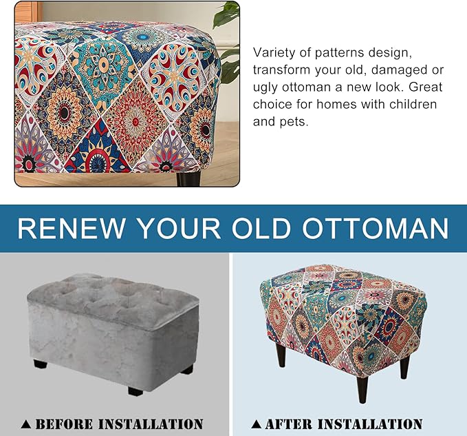 KRFOONN Ottoman Slipcovers Stretch Rectangle Footrest Stool Covers Printed Ottoman Cover for Foot Stool Furniture Protector with Non Slip Elastic Bottom(12, Large)