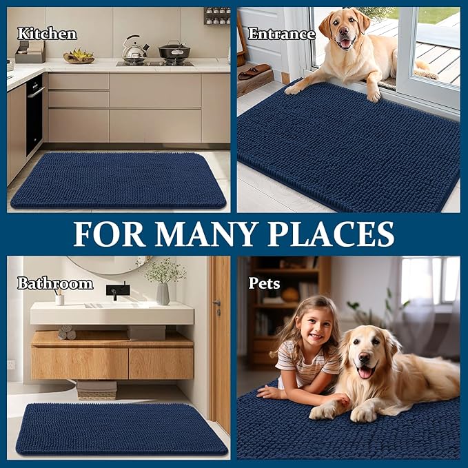 OLANLY Dog Door Mat for Muddy Paws 32x20, Absorbs Moisture and Dirt, Absorbent Non-Slip Washable Doormat, Quick Dry Chenille Mud Mat for Dogs, Entry Indoor Entryway Carpet for Inside Floor, Dark Blue