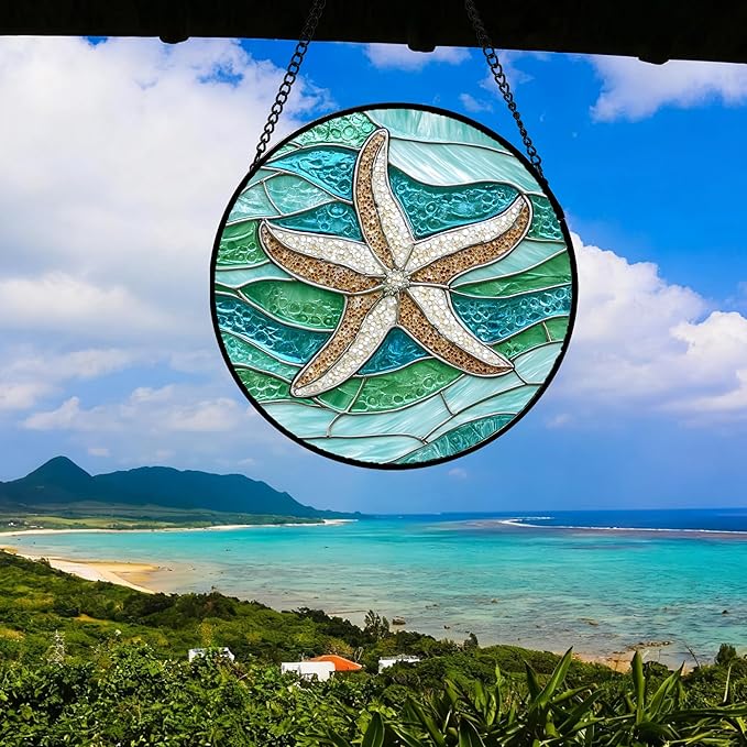 Stained Glass Window Hanging Teal Sea Waves Starfish 7.8" - Suncatcher Door Garden Sun Catcher Home Decor Birthday Mother's Day for Mom Men Woman Parents Her Child Nana