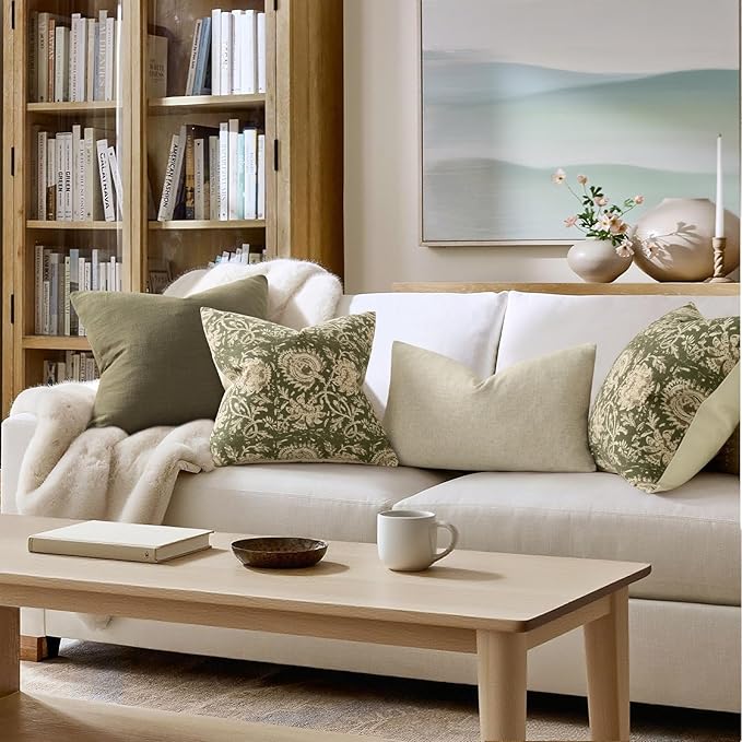 Vintage Floral Print Throw Pillow Covers 20x20 Set of 2 Neutral Modern Farmhouse Pillowcase Accent Decorative Cushion Covers Boho Home Decor for Couch Sofa Chair Bed Living Room, Olive Green