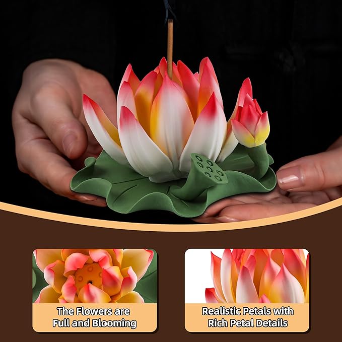 Lotus Incense Burner - Incense Burner Holder for Home Incense Holder Decor Incense Holder for Sticks Yoga, SPA (Z2-Red Yellow)