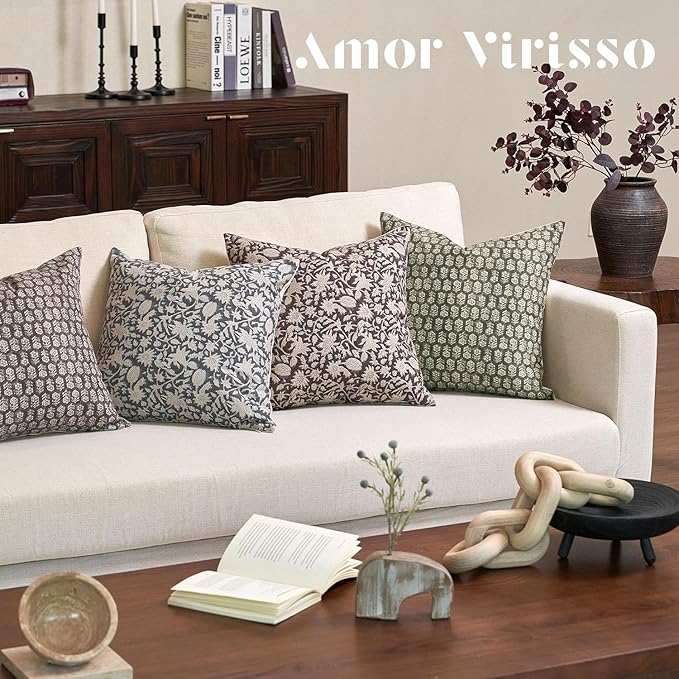 Amor Virisso Floral Throw Pillow Covers 24x24 Couch Pillows for Living Room Bed Block Print Decorative Accent Throw Pillow Covers Farmhouse Neutral Pillow Covers Sofa Pillows 1PC, Dusty Blue