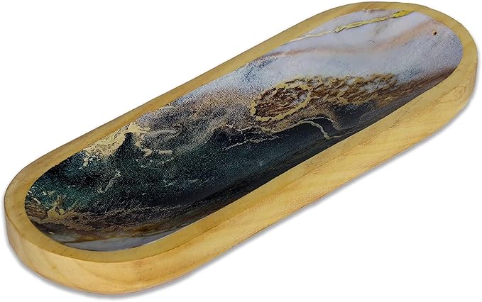 Yajna Traditional-Handmade Incense-Stick-and-Cones-Holder Incense-Burner-ash-Catcher-Stand Wooden-Tray-Holder (Green White Agate)