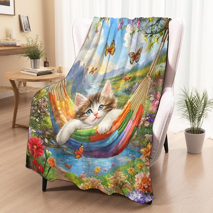 Cute Cat in Hammock Blanket, Cozy Plush Throw Blanket for Couch Bedroom Outdoor, Lightweight Soft Flannel Travel Blankets, Gifts for Women Adults Kids, Warm Decor 60"×80"