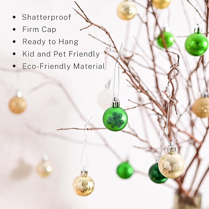DecorbyHannah St Patricks Day Decorations Shamrock Christmas Tree Ornaments Set, 49ct 1.18inches Mini Green Gold St. Patrick's Day Shatterproof Luck Clover Small Hanging Ornament for Irish Day Party