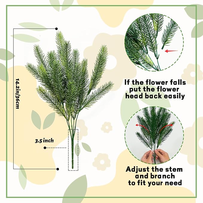 JIFTOK Artificial Pine Needles for Xmas Decoration, 24pcs Fake Plants Picks Sprays for Tree Home Decor Indoor, Faux Greenery Shrubs Plastic Boxwood for Garden Porch