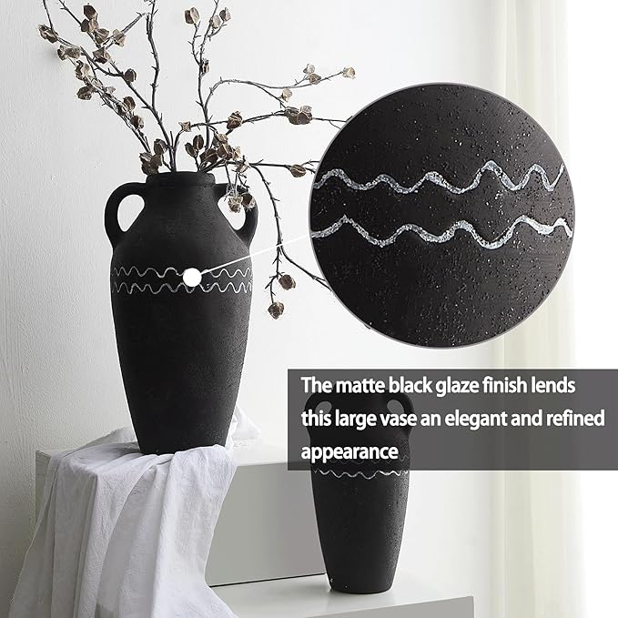 Large Black Ceramic Vase, 14.5" H Farmhouse Rustic Decorative Vase Table Centerpiece, Pottery Terracotta Tall Vases Living Room Bathroom Weddings Decorations