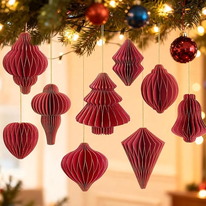 12Pcs Red Paper Christmas Party Decorations, 3D Honeycomb Paper Hanging Ornaments with Glitter, Finial Honeycomb Lantern Burgundy Ornaments for Christmas Trees Winter Wonderland Party
