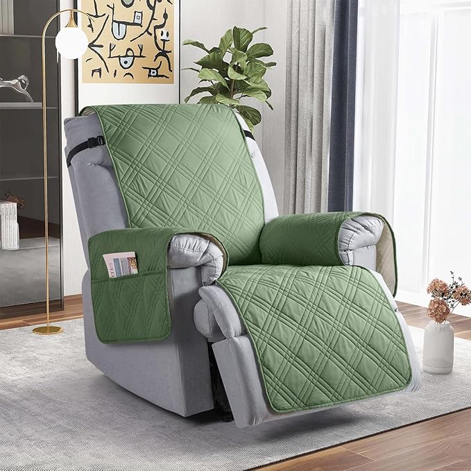 TAOCOCO Waterproof Recliner Chair Cover, Non Slip Oversized Recliner Covers for Recliner Chair with Pocket, Reclining Chair Cover Furniture Protector for Kids, Dogs(28'', Bean Green)