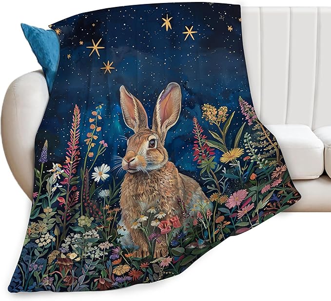 Bunny Throw Blanket Cute Rabbit Floral Decor Blanket Super Cozy Plush Lightweight Soft Plush Flannel Fleece Jungle Animal Forest Blanket Gifts for Girls Boys Kids Women Men for Sofa Bed Couch 40"X50"