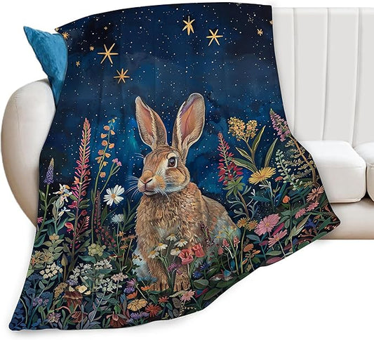 Bunny Throw Blanket Cute Rabbit Floral Decor Blanket Super Cozy Plush Lightweight Soft Plush Flannel Fleece Jungle Animal Forest Blanket Gifts for Girls Boys Kids Women Men for Sofa Bed Couch 40"X50"