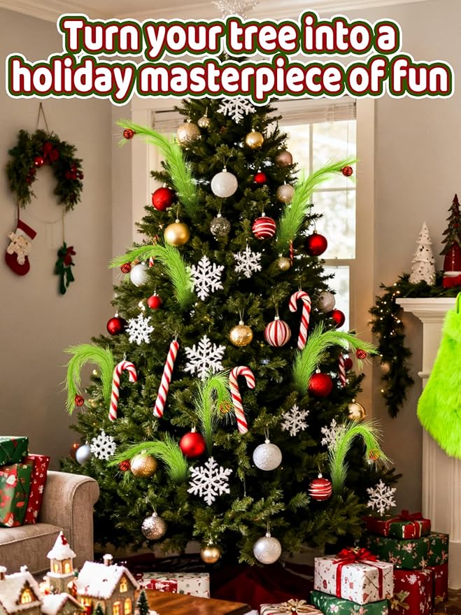 19" Elf Christmas Tree Topper - 12Pcs Lime Green Fluffy Curly Christmas Tree Picks Decorations Filler Ornaments with Red Ball, for Home Wreath Vase Holiday Party