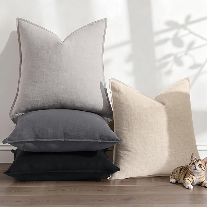 decorUhome Christmas Decorative Linen Throw Pillow Covers 22x22 Inch Set of 2 Dark Grey Soft Pillow Covers with Flange Edges Soft Farmhouse Boho Accent Pillow Cases for Couch Sofa Bed Living Room
