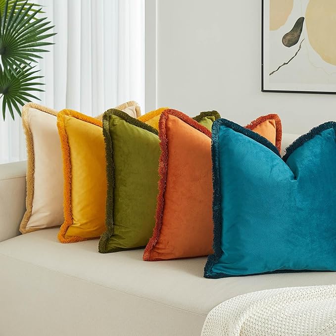 JUSPURBET Pack of 2 Olive Green Decorative Fringe Velvet Throw Pillow Covers 16x16 for Home Decor Living Room Bedroom Car Boho Soft Cushion Cover with Hidden Zipper Machine Washable