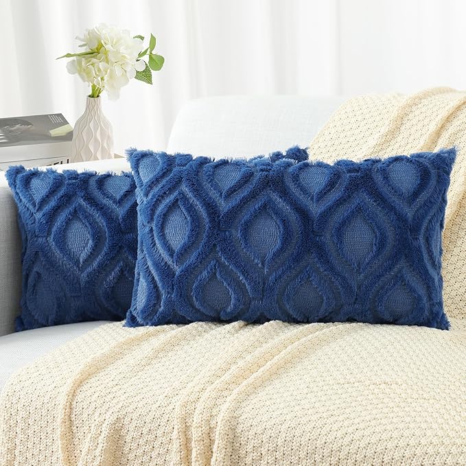 decorUhome Throw Pillow Covers 12x20 Inch Set of 2, Soft Plush Faux Wool Dark Blue Solid Couch Pillow Covers, Accent Farmhouse Neutral Lumbar Pillow Cases for Sofa Bed Living Room