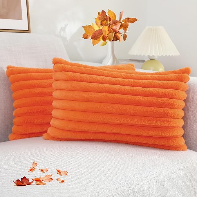 decorUhome Faux Fur Thanksgiving Day Throw Pillow Covers 12x20 Set of 2, Decorative Soft Plush Striped Neutral Couch Euro Pillow Covers with Velvet Back for Sofa, Bed, Living Room Home Decor, Orange