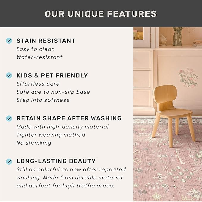 Washable 8x10 Blush Pink Rug for Bedroom Girls Dorm, Floral Retro Living Room Rugs, Soft Thin Low Pile Non Slip Stain Resistant Carpet