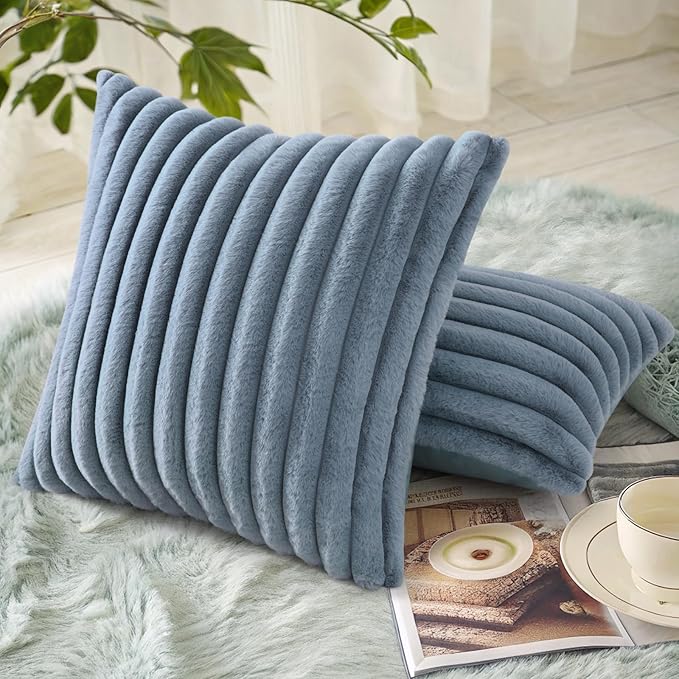 decorUhome Faux Fur Christmas Throw Pillow Covers 24x24 Set of 2, Decorative Soft Plush Striped Neutral Couch Euro Pillow Covers with Velvet Back for Sofa, Bed, Living Room Home Decor, Grey Blue