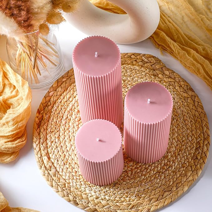 Ribbed Pillar Candles Set of 3, Width 3" High 4" 6" 8" Large Soy Wax Orchids Scented Pillar Candles Aesthetic Ribbed Modern Home Decor for Bathroom Living Room(Pink)