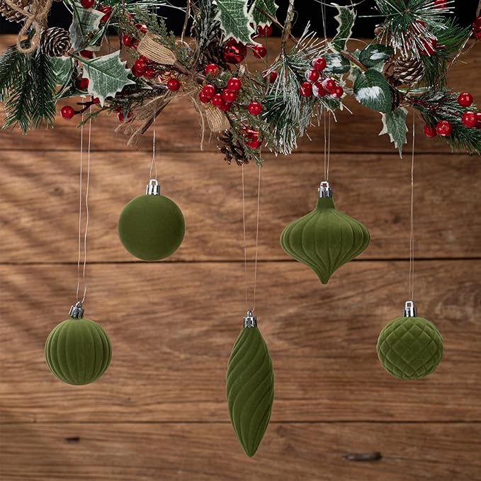 48Pcs Green Velvet Christmas Ornaments Set, Assorted Flocked Christmas Baubles Decorations, Shatterproof Christmas Balls Hanging Decor for Xmas Tree/Home/Party/Holiday (Green)