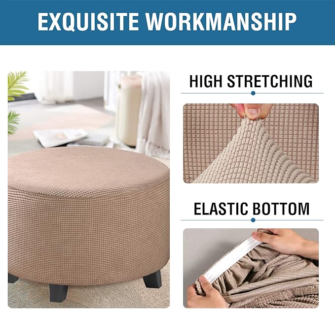 H.VERSAILTEX Ottoman Cover Stretch Ottoman Slipcover Round Ottoman Storage Cover Folding Stool Covers Furniture Protector Cover for Footrest Ottoman Fit Dia 30" - 41", Sand