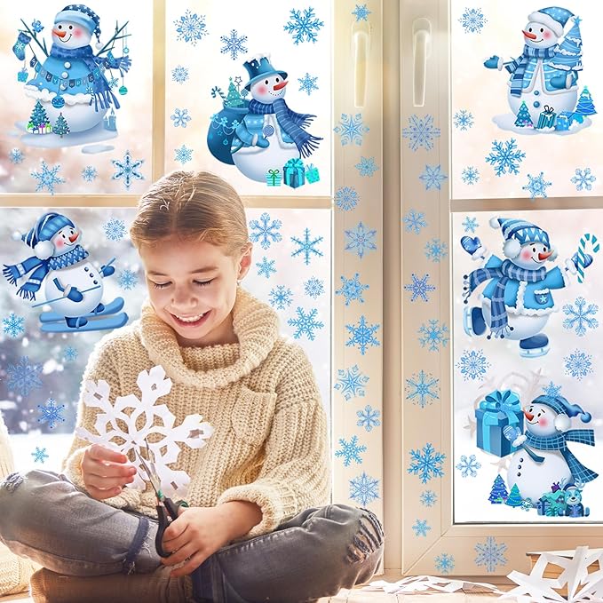 Eersida 65 Pcs Large Winter Wall Decals 6 Sheets Snowman Window Clings Christmas Removable Wall Stickers Blue and White Snowflake Decoration for Home Bedroom Living Room New Year Party Supplies