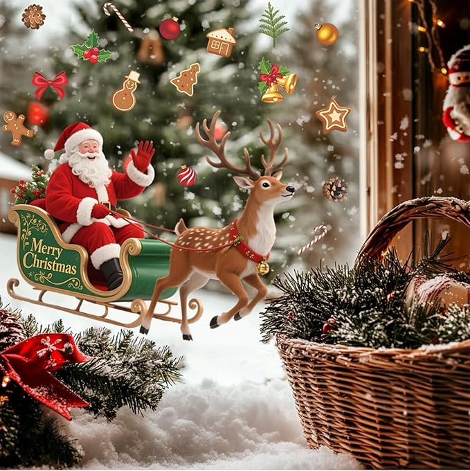 Santa Sleigh Christmas Wall Decals | Peel and Stick Holiday Decorations with Reindeer, Gingerbread & Ornaments – Removable Vinyl Stickers for Winter Wall, Window, Office & Seasonal Displays