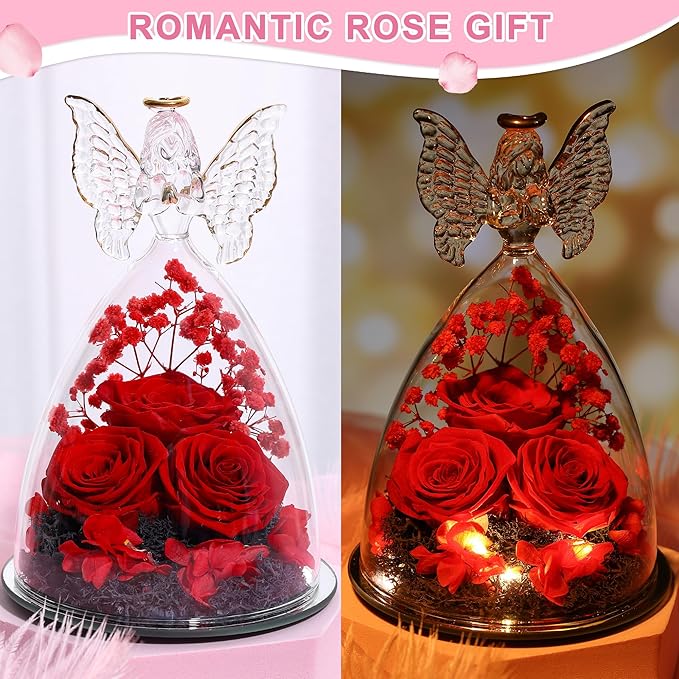 Christmas Rose Gifts for Women Preserved Real Flower in Glass Angel Figurines Roses for Delivery Prime Birthday Gifts for Mom Grandma Girlfriend Wife Her - Red