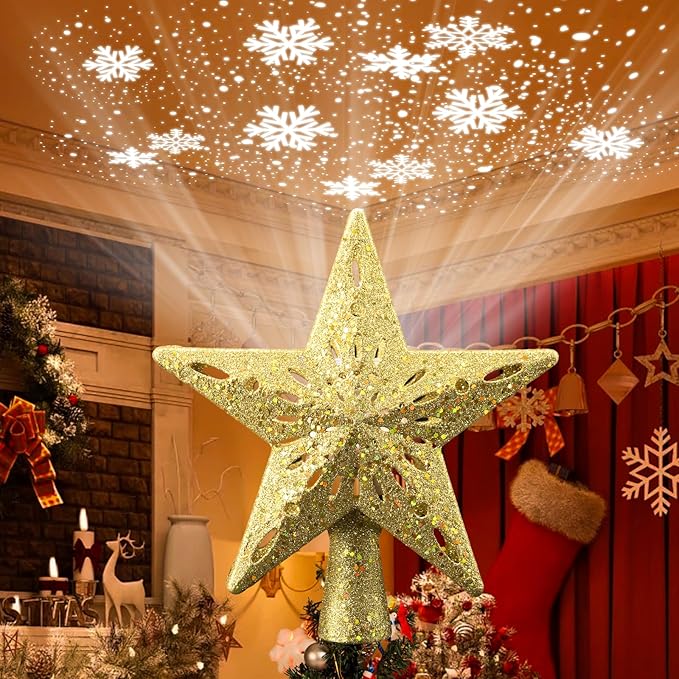 Christmas Tree Topper Lighted Star,3D Hollow Sparkling Star Christmas Tree Topper with 6 Patterns Rotating Magic Cool White Snowflake Projector, Plug in Gold Tree Topper for Tree Ornament