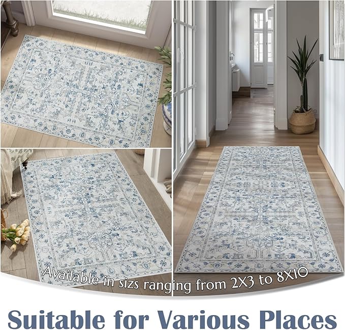 jinchan Lima Hallway Runner Rug 2x8 Washable - Vintage Floral Non Slip Low-Pile Soft Ultra-Thin Faux Wool Kitchen Rug Distressed Carpet Runner for Farmhouse Bedroom Laundry (2x8ft, Blue)