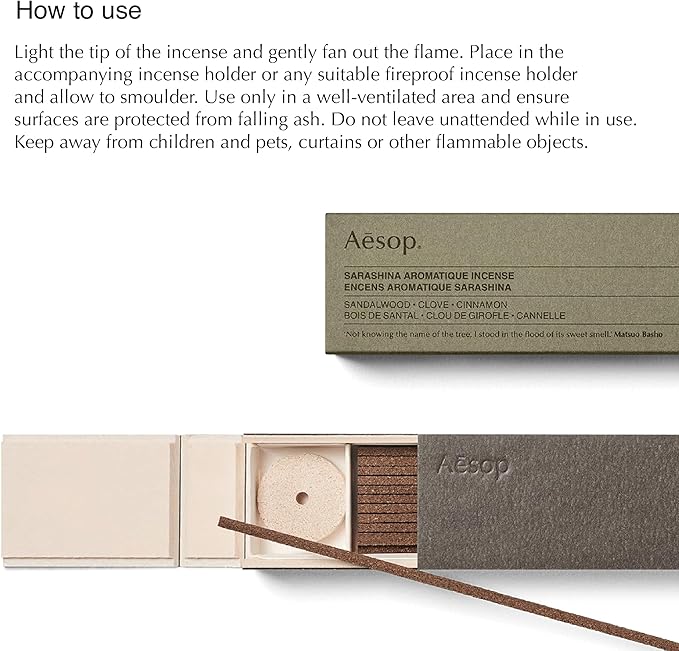 Aesop Sarashina Aromatique Incense | Dry, Woody Notes of Sandalwood and Spices | with Kanuma Pumice Holder | 33 Sticks