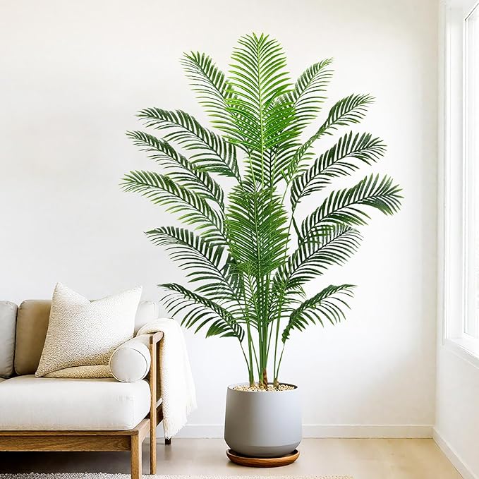 2 Pack Artificial Palm Tree 7FT Artificial Plants Indoor Tropical Fake Palm Tree Areca Floor Plant in Black Pot with 18 Trunks & Real Bark Design, Faux Palm Plant for Outdoor Patio Home Office Decor
