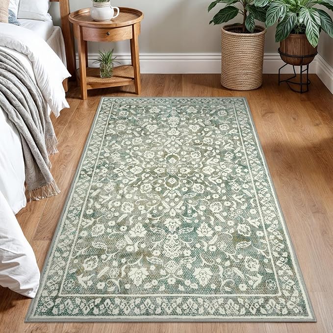 Vintage 3x5 Washable Rug for Entryway, Super Soft Sage Green Beige Entryway Rug Non-Slip, Printed Faux Wool Floral 3x5 Area Rug Thin Floor Carpet for Kitchen, Bedroom, Office, Living Room