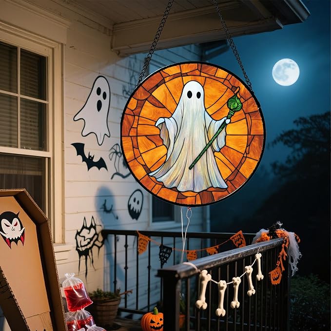 Stained Glass Window Hanging - Halloween Decorations Ghost Witch Wand Suncatcher for Doors Garden Spooky Funny Orange Sun Catchers Gothic Decor Horror Gifts for Women Men Friend 6.3 in