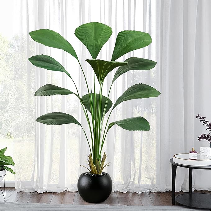 Artificial Sumatra Palm Tree: 5FT Fake Licuala Fan Palm Tree Faux Tropical Plant Realistic Tall Floor Plant in Black Egg-Shaped Pot for Home Living Room Office Decor Patio Hotel Indoor Outdoor