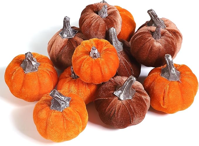12pcs Fall Pumpkins Decor Set,Artificial Mini Pumpkins for Decorating, Velvet Mixed Color Fall Pumpkin Decorations for Thanksgiving Harvest Table Centerpieces Home Decor(Orange& Brown)