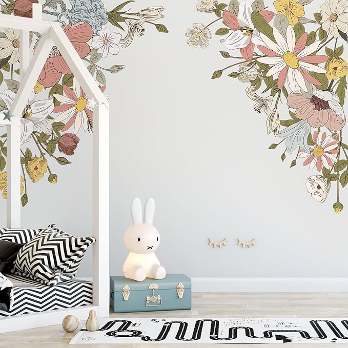 Large Pink Flowers Wall Decals, Colorful Floral Botanic Wall Stickers, Spring Peel and Stick Wallpaper for Girls Bedroom Nursery Classroom Living Room Wall Decor